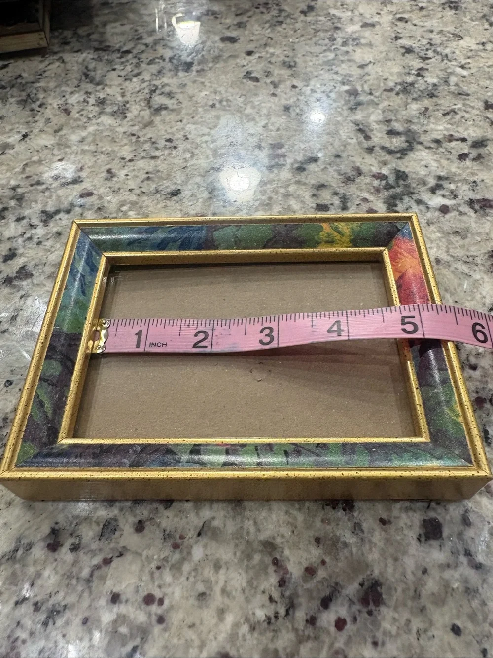 Gold picture frame with fun print trim GUC 5 x 7